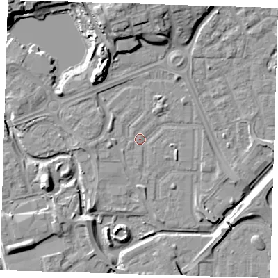 Shaded relief map of the ground around SE288DX, computed from Environment Agency LiDAR. The ground here sits at about 1 m above sea level and falls 12 m across the surrounding 800 m. Surface water reaching this point runs off ground lying to the west-north-west, 2.2 m higher.