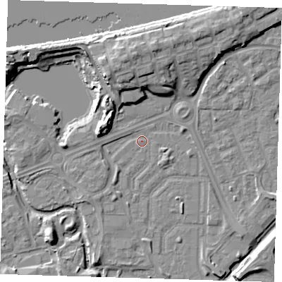 Shaded relief map of the ground around SE288DY, computed from Environment Agency LiDAR. The ground here sits at about 1 m above sea level and falls 12 m across the surrounding 800 m. Surface water reaching this point runs off ground lying to the south-west, 2.0 m higher.