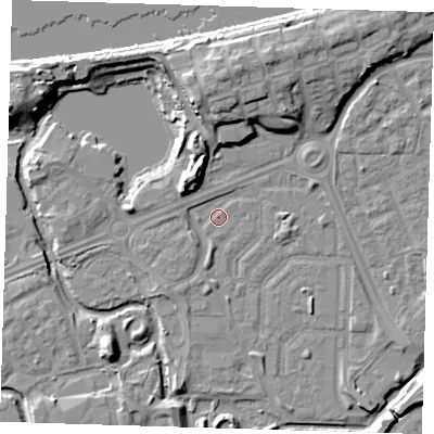 Shaded relief map of the ground around SE288DZ, computed from Environment Agency LiDAR. The ground here sits at about 1 m above sea level and falls 12 m across the surrounding 800 m. Surface water reaching this point runs off ground lying to the south-west, 2.0 m higher.
