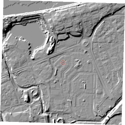 Shaded relief map of the ground around SE288EB, computed from Environment Agency LiDAR. The ground here sits at about 1 m above sea level and falls 12 m across the surrounding 800 m. Surface water reaching this point runs off ground lying to the south-west, 0.6 m higher.