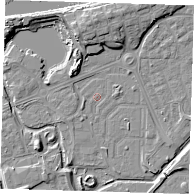 Shaded relief map of the ground around SE288ED, computed from Environment Agency LiDAR. The ground here sits at about 1 m above sea level and falls 12 m across the surrounding 800 m. Surface water reaching this point runs off ground lying to the west, 2.1 m higher.