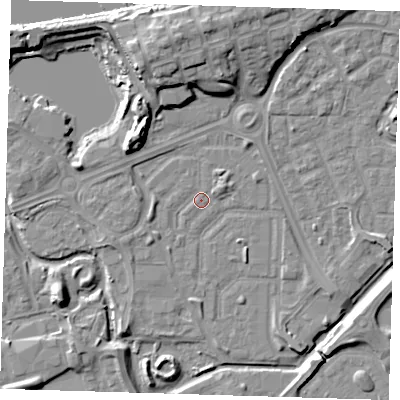 Shaded relief map of the ground around SE288EE, computed from Environment Agency LiDAR. The ground here sits at about 1 m above sea level and falls 12 m across the surrounding 800 m. Surface water reaching this point runs off ground lying to the west, 2.1 m higher.