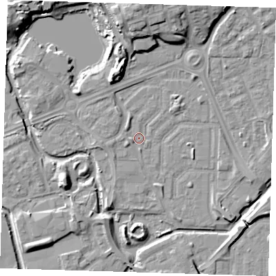 Shaded relief map of the ground around SE288EF, computed from Environment Agency LiDAR. The ground here sits at about 1 m above sea level and falls 12 m across the surrounding 800 m. Surface water reaching this point runs off ground lying to the west-north-west, 1.5 m higher.