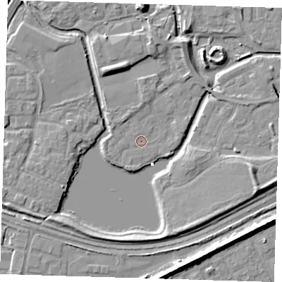 Shaded relief map of the ground around SE288EJ, computed from Environment Agency LiDAR. The ground here sits at about 1 m above sea level and falls 8 m across the surrounding 800 m. Surface water reaching this point runs off ground lying to the north, 1.6 m higher.