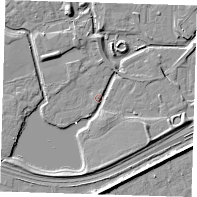 Shaded relief map of the ground around SE288EP, computed from Environment Agency LiDAR. The ground here sits at about 2 m above sea level and falls 8 m across the surrounding 800 m. Surface water reaching this point runs off ground lying to the east-south-east, 6.3 m higher.