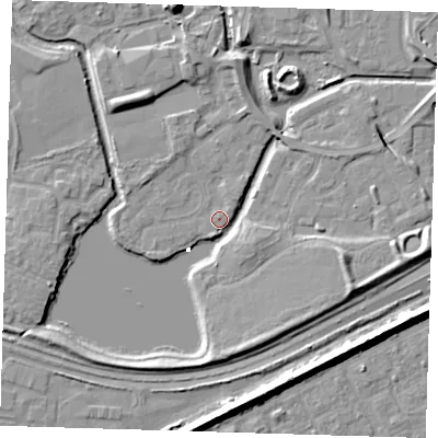 Shaded relief map of the ground around SE288EQ, computed from Environment Agency LiDAR. The ground here sits at about 1 m above sea level and falls 8 m across the surrounding 800 m. Surface water reaching this point runs off ground lying to the north-east, 1.3 m higher.