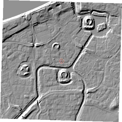 Shaded relief map of the ground around SE288ES, computed from Environment Agency LiDAR. The ground here sits at about 1 m above sea level and falls 9 m across the surrounding 800 m. Surface water reaching this point runs off ground lying to the north, 3.5 m higher.