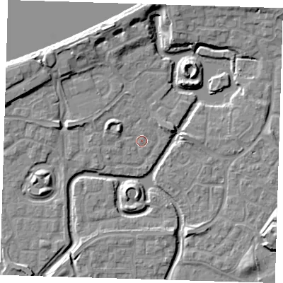 Shaded relief map of the ground around SE288ET, computed from Environment Agency LiDAR. The ground here sits at about 1 m above sea level and falls 9 m across the surrounding 800 m. Surface water reaching this point runs off ground lying to the west-north-west, 3.2 m higher.