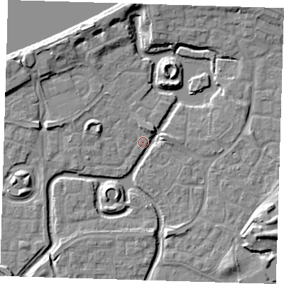 Shaded relief map of the ground around SE288EW, computed from Environment Agency LiDAR. The ground here sits at about 1 m above sea level and falls 9 m across the surrounding 800 m. Surface water reaching this point runs off ground lying to the north-west, 8.6 m higher.
