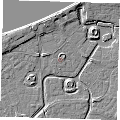 Shaded relief map of the ground around SE288EX, computed from Environment Agency LiDAR. The ground here sits at about 2 m above sea level and falls 9 m across the surrounding 800 m. Surface water reaching this point runs off ground lying to the north-east, 2.7 m higher.