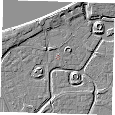 Shaded relief map of the ground around SE288EY, computed from Environment Agency LiDAR. The ground here sits at about 2 m above sea level and falls 9 m across the surrounding 800 m. Surface water reaching this point runs off ground lying to the north-north-west, 1.9 m higher.