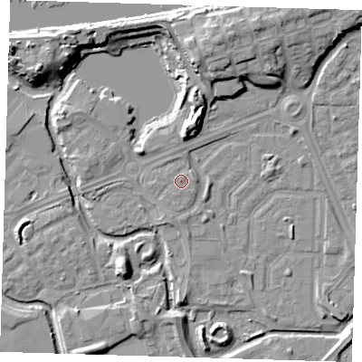 Shaded relief map of the ground around SE288FA, computed from Environment Agency LiDAR. The ground here sits at about 2 m above sea level and falls 12 m across the surrounding 800 m. Surface water reaching this point runs off ground lying to the east, 1.0 m higher.