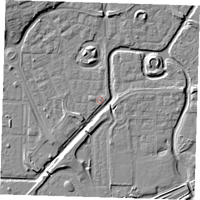 Shaded relief map of the ground around SE288FB, computed from Environment Agency LiDAR. The ground here sits at about 1 m above sea level and falls 9 m across the surrounding 800 m. Surface water reaching this point runs off ground lying to the north-north-west, 4.5 m higher.