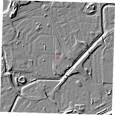 Shaded relief map of the ground around SE288FD, computed from Environment Agency LiDAR. The ground here sits at about 1 m above sea level and falls 10 m across the surrounding 800 m. Surface water reaching this point runs off ground lying to the north-west, 7.1 m higher.