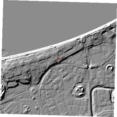 Shaded relief map of the ground around SE288FR, computed from Environment Agency LiDAR. The ground here sits at about 6 m above sea level and falls 11 m across the surrounding 800 m. Surface water reaching this point runs off ground lying to the west, 2.3 m higher.
