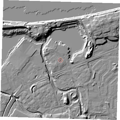 Shaded relief map of the ground around SE288GA, computed from Environment Agency LiDAR. The ground here sits at about 2 m above sea level and falls 12 m across the surrounding 800 m. Surface water reaching this point runs off ground lying to the north-north-west, 1.0 m higher.