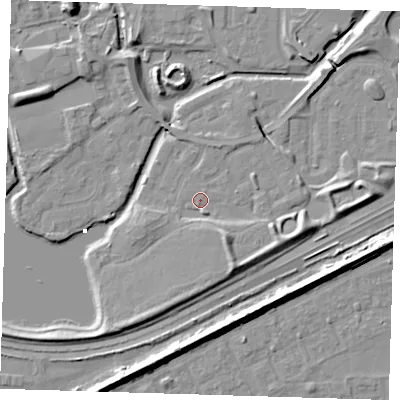 Shaded relief map of the ground around SE288GB, computed from Environment Agency LiDAR. The ground here sits at about 2 m above sea level and falls 8 m across the surrounding 800 m. Surface water reaching this point runs off ground lying to the south-east, 4.8 m higher.