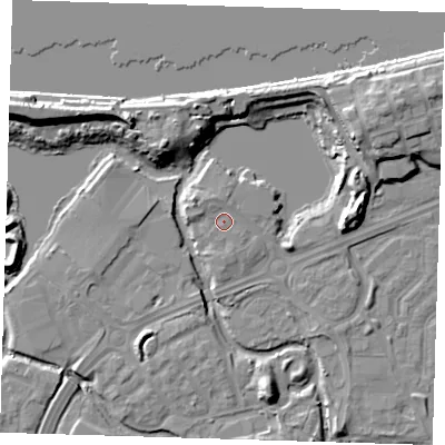 Shaded relief map of the ground around SE288GD, computed from Environment Agency LiDAR. The ground here sits at about 2 m above sea level and falls 12 m across the surrounding 800 m. Surface water reaching this point runs off ground lying to the north-north-west, 1.4 m higher.