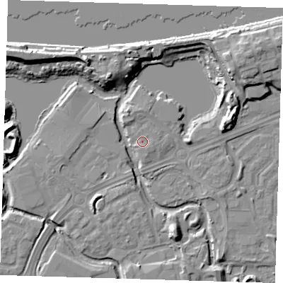 Shaded relief map of the ground around SE288GE, computed from Environment Agency LiDAR. The ground here sits at about 2 m above sea level and falls 12 m across the surrounding 800 m. Surface water reaching this point runs off ground lying to the south-south-east, 1.4 m higher.
