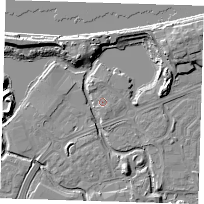 Shaded relief map of the ground around SE288GF, computed from Environment Agency LiDAR. The ground here sits at about 2 m above sea level and falls 12 m across the surrounding 800 m. Surface water reaching this point runs off ground lying to the south-south-east, 1.4 m higher.