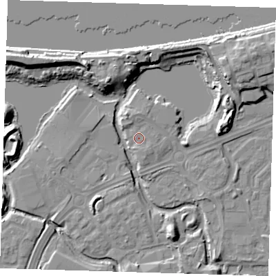 Shaded relief map of the ground around SE288GG, computed from Environment Agency LiDAR. The ground here sits at about 2 m above sea level and falls 12 m across the surrounding 800 m. Surface water reaching this point runs off ground lying to the north, 1.8 m higher.