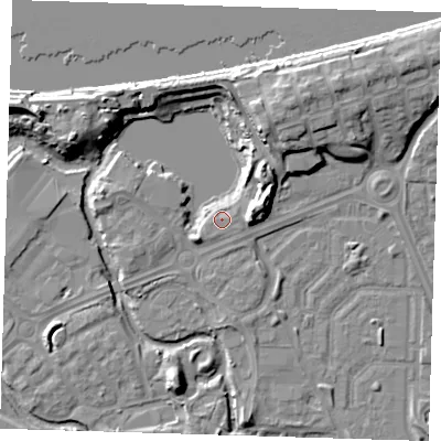 Shaded relief map of the ground around SE288GL, computed from Environment Agency LiDAR. The ground here sits at about 2 m above sea level and falls 12 m across the surrounding 800 m. Surface water reaching this point runs off ground lying to the east-south-east, 1.3 m higher.