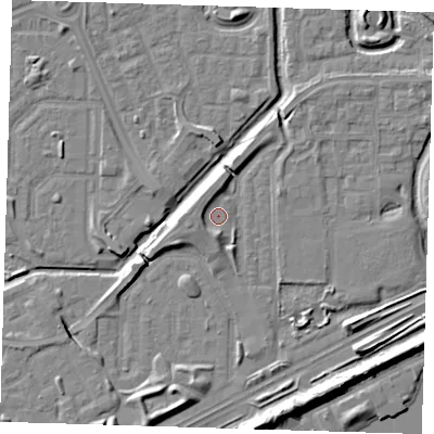 Shaded relief map of the ground around SE288GR, computed from Environment Agency LiDAR. The ground here sits at about 2 m above sea level and falls 9 m across the surrounding 800 m. Surface water reaching this point runs off ground lying to the north, 2.2 m higher.