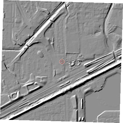 Shaded relief map of the ground around SE288GS, computed from Environment Agency LiDAR. The ground here sits at about 1 m above sea level and falls 9 m across the surrounding 800 m. Surface water reaching this point runs off ground lying to the north-north-east, 0.5 m higher.