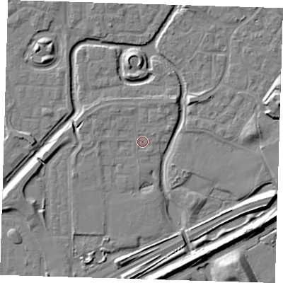 Shaded relief map of the ground around SE288HA, computed from Environment Agency LiDAR. The ground here sits at about 1 m above sea level and falls 8 m across the surrounding 800 m. Surface water reaching this point runs off ground lying to the west-south-west, 1.8 m higher.