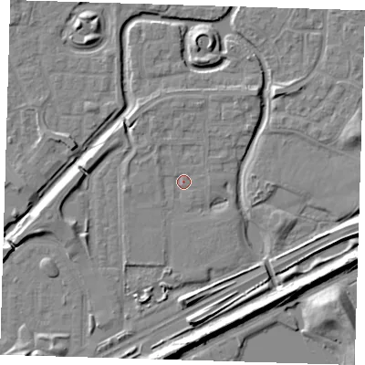 Shaded relief map of the ground around SE288HB, computed from Environment Agency LiDAR. The ground here sits at about 1 m above sea level and falls 8 m across the surrounding 800 m. Surface water reaching this point runs off ground lying to the west, 1.8 m higher.