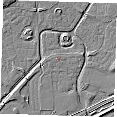 Shaded relief map of the ground around SE288HF, computed from Environment Agency LiDAR. The ground here sits at about 2 m above sea level and falls 8 m across the surrounding 800 m. Surface water reaching this point runs off ground lying to the west, 0.9 m higher.