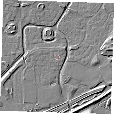 Shaded relief map of the ground around SE288HG, computed from Environment Agency LiDAR. The ground here sits at about 2 m above sea level and falls 8 m across the surrounding 800 m. Surface water reaching this point runs off ground lying to the north-north-east, 1.3 m higher.
