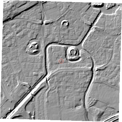 Shaded relief map of the ground around SE288HP, computed from Environment Agency LiDAR. The ground here sits at about 1 m above sea level and falls 8 m across the surrounding 800 m. Surface water reaching this point runs off ground lying to the south-west, 1.8 m higher.