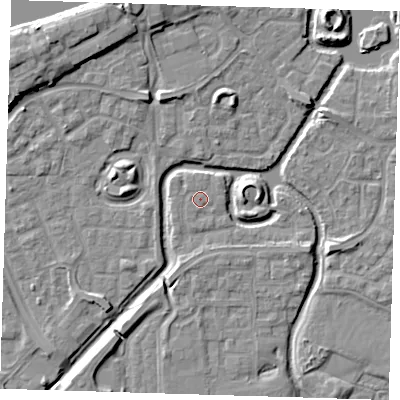 Shaded relief map of the ground around SE288HR, computed from Environment Agency LiDAR. The ground here sits at about 1 m above sea level and falls 9 m across the surrounding 800 m. The ground contributing surface water to this point lies to the south-west.