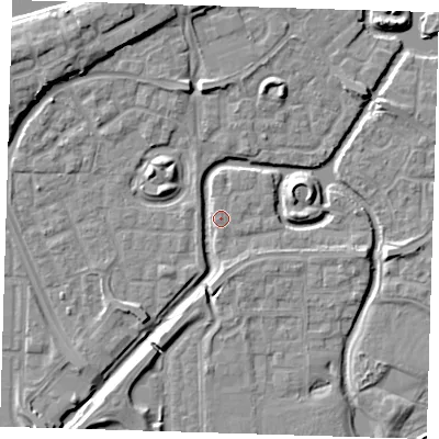 Shaded relief map of the ground around SE288HS, computed from Environment Agency LiDAR. The ground here sits at about 1 m above sea level and falls 9 m across the surrounding 800 m. Surface water reaching this point runs off ground lying to the north-north-west, 6.7 m higher.