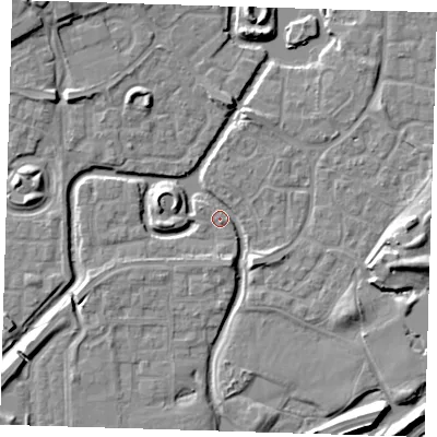Shaded relief map of the ground around SE288HT, computed from Environment Agency LiDAR. The ground here sits at about 1 m above sea level and falls 8 m across the surrounding 800 m. Surface water reaching this point runs off ground lying to the east-south-east, 7.3 m higher.