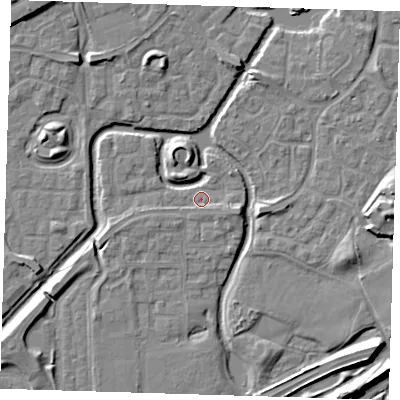 Shaded relief map of the ground around SE288HU, computed from Environment Agency LiDAR. The ground here sits at about 1 m above sea level and falls 8 m across the surrounding 800 m. Surface water reaching this point runs off ground lying to the south, 1.2 m higher.
