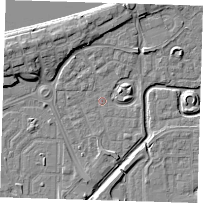 Shaded relief map of the ground around SE288HX, computed from Environment Agency LiDAR. The ground here sits at about 1 m above sea level and falls 11 m across the surrounding 800 m. Surface water reaching this point runs off ground lying to the north-north-east, 3.1 m higher.