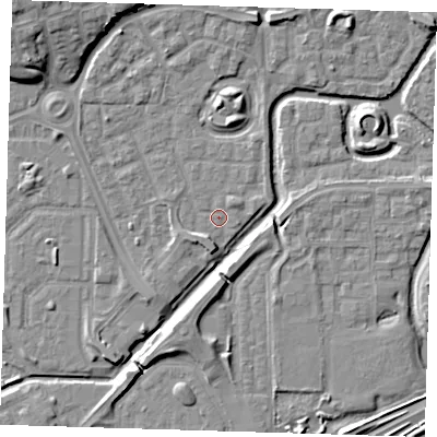 Shaded relief map of the ground around SE288HY, computed from Environment Agency LiDAR. The ground here sits at about 1 m above sea level and falls 10 m across the surrounding 800 m. Surface water reaching this point runs off ground lying to the north, 3.7 m higher.