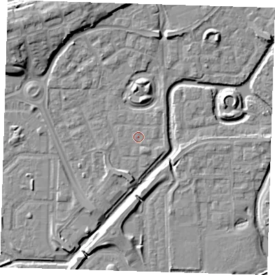 Shaded relief map of the ground around SE288HZ, computed from Environment Agency LiDAR. The ground here sits at about 1 m above sea level and falls 10 m across the surrounding 800 m. Surface water reaching this point runs off ground lying to the north, 3.7 m higher.