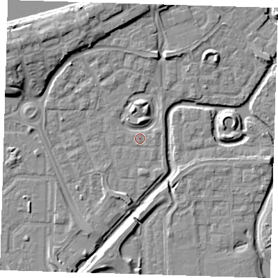 Shaded relief map of the ground around SE288JA, computed from Environment Agency LiDAR. The ground here sits at about 1 m above sea level and falls 10 m across the surrounding 800 m. Surface water reaching this point runs off ground lying to the north, 3.7 m higher.