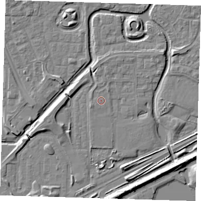 Shaded relief map of the ground around SE288JB, computed from Environment Agency LiDAR. The ground here sits at about 2 m above sea level and falls 8 m across the surrounding 800 m. The ground contributing surface water to this point lies to the south-west.