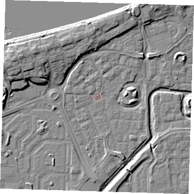 Shaded relief map of the ground around SE288JE, computed from Environment Agency LiDAR. The ground here sits at about 1 m above sea level and falls 11 m across the surrounding 800 m. Surface water reaching this point runs off ground lying to the north-north-west, 1.3 m higher.