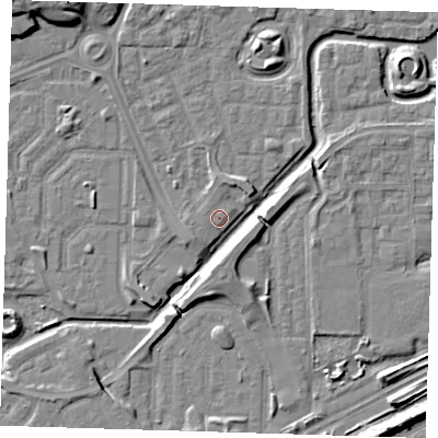 Shaded relief map of the ground around SE288JY, computed from Environment Agency LiDAR. The ground here sits at about 2 m above sea level and falls 10 m across the surrounding 800 m. The ground contributing surface water to this point lies to the north.