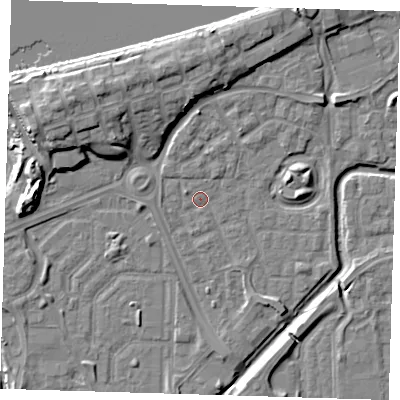 Shaded relief map of the ground around SE288LA, computed from Environment Agency LiDAR. The ground here sits at about 1 m above sea level and falls 11 m across the surrounding 800 m. Surface water reaching this point runs off ground lying to the south, 2.1 m higher.