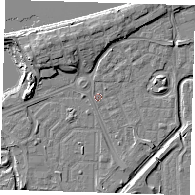 Shaded relief map of the ground around SE288LB, computed from Environment Agency LiDAR. The ground here sits at about 1 m above sea level and falls 11 m across the surrounding 800 m. Surface water reaching this point runs off ground lying to the north-east, 1.5 m higher.