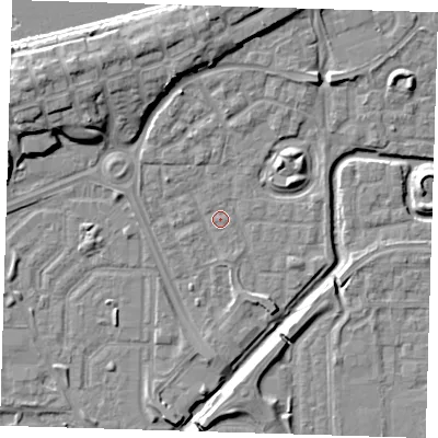 Shaded relief map of the ground around SE288LE, computed from Environment Agency LiDAR. The ground here sits at about 1 m above sea level and falls 11 m across the surrounding 800 m. Surface water reaching this point runs off ground lying to the south, 2.1 m higher.