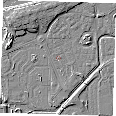 Shaded relief map of the ground around SE288LF, computed from Environment Agency LiDAR. The ground here sits at about 1 m above sea level and falls 11 m across the surrounding 800 m. Surface water reaching this point runs off ground lying to the south-south-east, 2.1 m higher.
