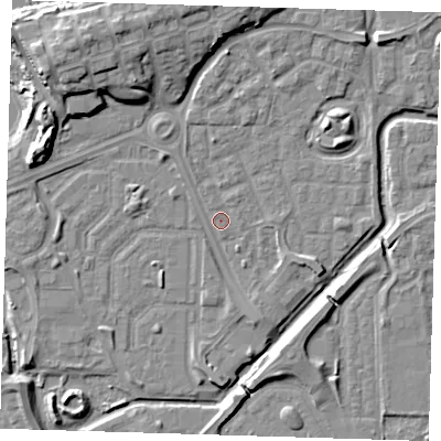 Shaded relief map of the ground around SE288LG, computed from Environment Agency LiDAR. The ground here sits at about 1 m above sea level and falls 11 m across the surrounding 800 m. Surface water reaching this point runs off ground lying to the south-south-east, 2.1 m higher.
