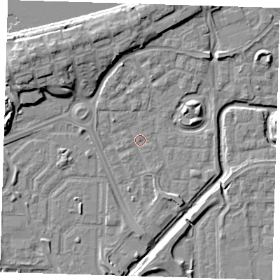 Shaded relief map of the ground around SE288LH, computed from Environment Agency LiDAR. The ground here sits at about 1 m above sea level and falls 11 m across the surrounding 800 m. Surface water reaching this point runs off ground lying to the south, 2.1 m higher.